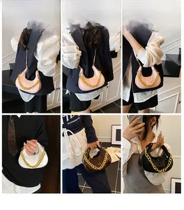 Multiple views of mini dumpling bags in glossy finishes with chic gold chain straps