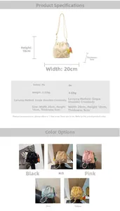 Detail showing dimension specs and colorful bucket bags with cute elephant charms