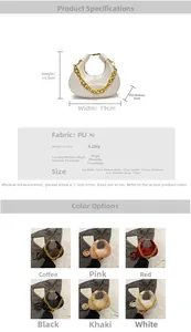 Detail view of mini dumpling bag with gold chain and dimensions for crossbody wear