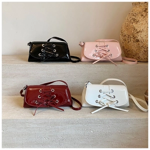 Women's Shiny Patent Leather Lace Up Underarm Bag Fashion Corset Style Shoulder Bag Solid Color Metal Eyelets Small Square Bag