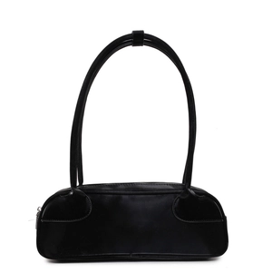 Minimalist black patent leather underarm bag with sleek silver zipper and slim dual straps