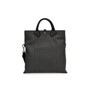 Front view of a minimalist dark grey canvas tote bag with black handles on white background