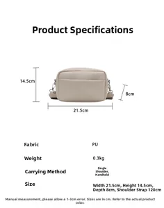 Detailed specs of beige PU leather crossbody bag with silver hardware and dimensions