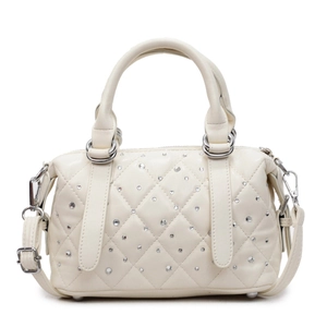 Elegant cream quilted Boston bag with sparkling rhinestones and silver hardware details