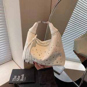 White pleated Hobo bag with silver studs and metal buckle for women in 2025 style