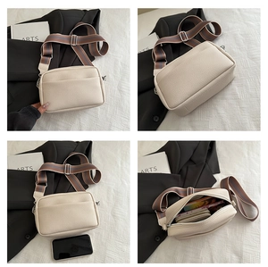 Detailed four-view shot of cream lychee texture crossbody bag with wide striped strap