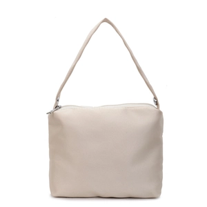 Minimalist beige crossbody handbag with smooth faux leather texture on white background