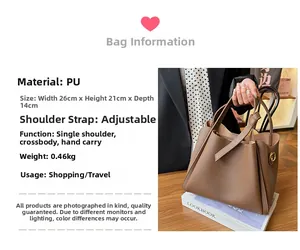 Detailed dimensions of the brown PU handbag showing 26cm width and 21cm height specs