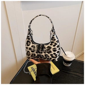 Retro leopard print hobo handbag with glossy patent leather finish and metal chain detail