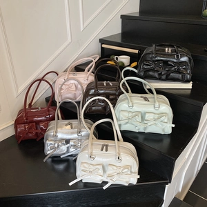 Women Bow Decor Shoulder Bag PU Leather Shiny Retro Bowling Handbag Underarm Tote With Front Pockets