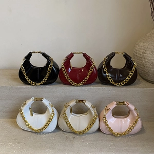 Women Patent Leather Handbags With Chunky Gold Chain Half Moon Shape Minimalist Fashionable Shoulder Bag For Ladies