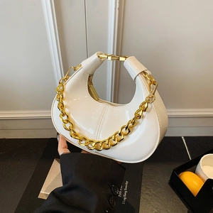 Stylish white patent leather mini dumpling bag with chunky gold chain strap for women