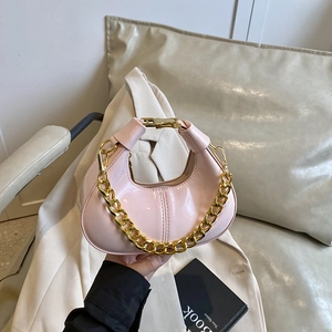 Pink patent leather dumpling bag with gold chain handle and metal buckle for summer