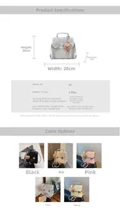 Size specifications and multi-color options for the sequined backpack with bear charm