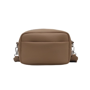 Classic brown lychee pattern PU leather crossbody camera bag with wide shoulder strap