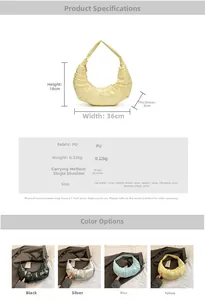 Dimensions détaillées du produit et tableau des tailles pour le sac bandoulière plissé
