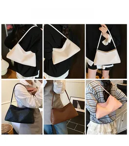 Collage of woven texture underarm bags in four colors shown from multiple model angles