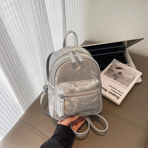 Silver mini backpack with sparkling rhinestones, fashionable quilted PU leather design