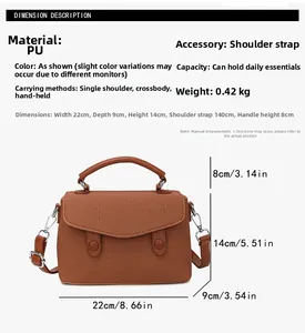 Detailed view of brown woven PU satchel with dimensions and silver metallic hardware