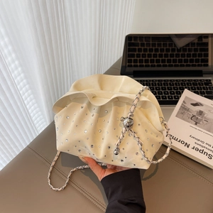 Chic beige ruched cloud bag with sparkling rhinestones and adjustable metal chain strap