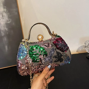 Vintage evening clutch with colorful forest sequin embroidery and pearl clasp