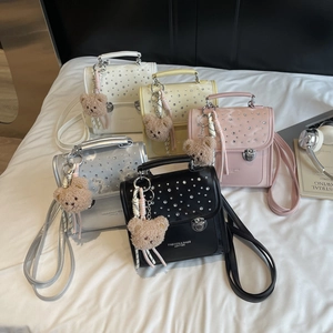 Women Fashion Rhinestone Mini Backpack PU Leather Small Shoulder Bag Handbag With Cute Bear Keychain Casual Girls