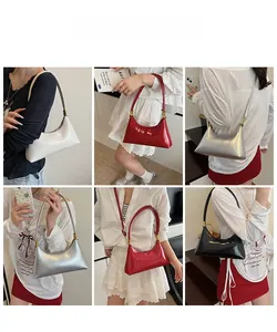Showcase of minimalist crescent underarm bags in white, red, black and silver colors