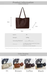 Detailed size chart and multi-color options for the large capacity PU leather tote bag