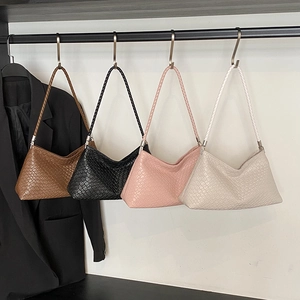Women Vintage Woven Texture PU Leather Underarm Bag Minimalist Baguette Shoulder Handbag Retro Fashion Casual