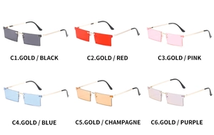 Détails de six lunettes de soleil carrées sans monture avec des verres colorés et métal doré