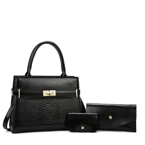 Black three-piece set with tote bag, envelope clutch and card holder in snake skin texture