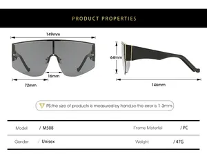 Size chart for oversized shield sunglasses with detailed frame and lens dimensions