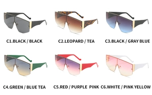 Collection of six colorful oversized shield sunglasses with thick temples on white background