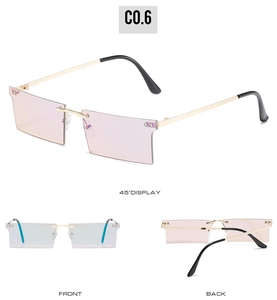 Trois vues de lunettes de soleil rectangulaires sans monture avec verres dégradés roses