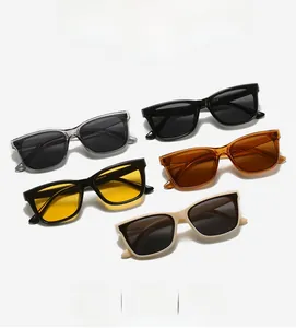 Flat lay display of 5 trendy small square frame sunglasses in multiple color options