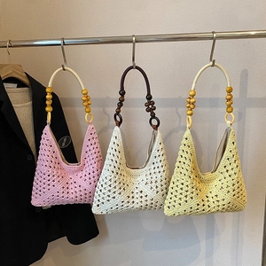 Sac À Épaule Crochet Femmes Sac À Main Tissé Ajouré Avec Perles De Bois Boho Plage Vacances Cabas Grande Capacité Mode