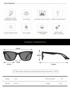 Detailed technical diagram of square frame sunglasses with UV400 and lens dimensions