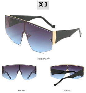 Detailed views of shield sunglasses with gradient lenses and gold metal connections