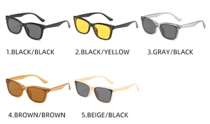 Close-up of small square sunglasses showing multiple color options and frame details