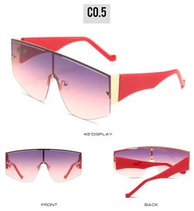 Three-view display of gradient purple oversized sunglasses with red frames and UV400 lenses