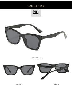 Detailed views of small square black frame sunglasses with dark grey lenses in three angles