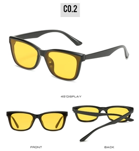 Multi-angle view of retro square black frame sunglasses with vibrant yellow lenses