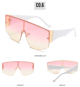 Detailed views of white oversized sunglasses with pink-to-yellow gradient lenses and gold trim