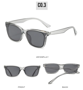 Three perspectives of trendy translucent grey square sunglasses with C0.3 style code