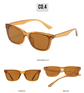 Multiple views of amber square frame sunglasses with tea-colored lenses and retro design