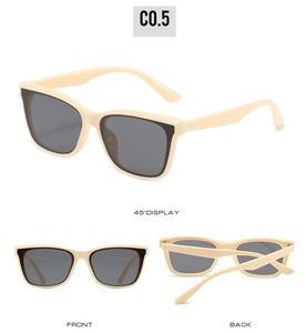 Multiple views of square beige sunglasses with gray lenses from front, back and side