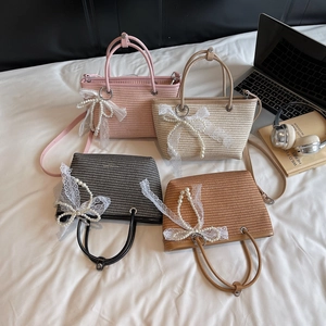 Women Straw Woven Handbag Artificial Pearl Lace Bow Vacation Shoulder Crossbody Bag Stylish PU Trim Summer Beach Tote