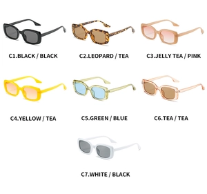 Griglia dettagliata che mostra sette occhiali da sole rettangolari in vari colori trendy