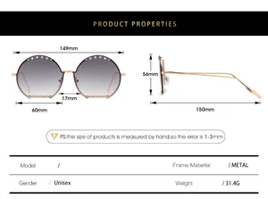 Tableau des tailles détaillé pour lunettes de soleil rondes avec strass et monture métal