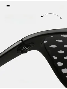Détail de la charnière robuste et des motifs géométriques blancs sur les lunettes